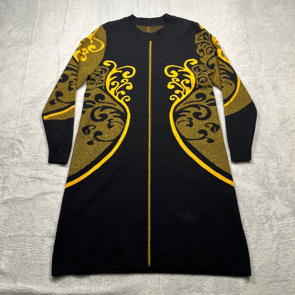 Sweater Dress Women Black Wool Cashmere Gold Baroque Scroll Knit Long Sleeve M